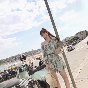 Off Shoulder Chiffon Jumpsuit Short Leaf patterned